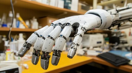 Poster - robotic arm for lab-based research. Explain its function in performing precise, repetitive tasks in scientific studies
