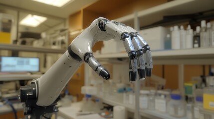 Poster - robotic arm for lab-based research. Explain its function in performing precise, repetitive tasks in scientific studies