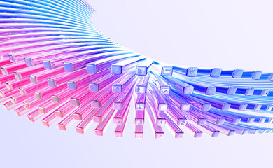Fototapete - Colorful glass line speed effect. Abstract wave pattern in perspective with holographic gradient on light blue 3d background render. Futuristic digital texture for technology design. 3D illustration