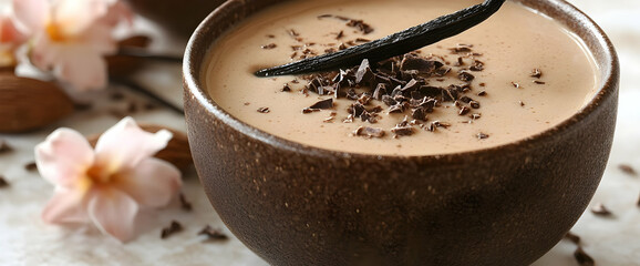 Sticker - Chocolate Smoothie In Brown Coconut Bowl With Vanilla And Flowers