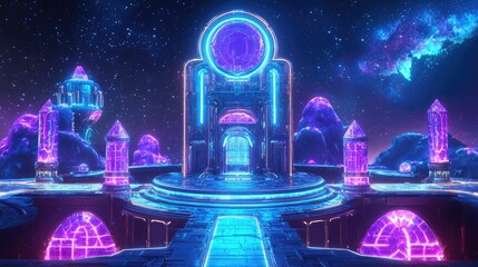 Poster - Futuristic Neon Landscape with Vibrant Structures and Cosmic Background
