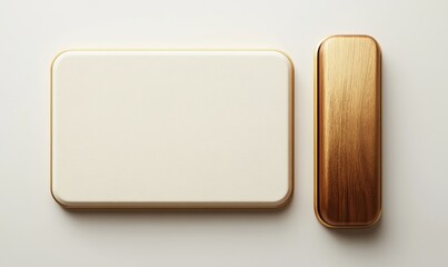 Blank white & wood buttons with gold trim on white background