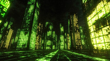 Poster - Futuristic Urban Landscape with Neon Green Lights and Digital Effects