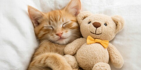 Sticker - A cat is sleeping next to a teddy bear. The cat is orange and the teddy bear is brown