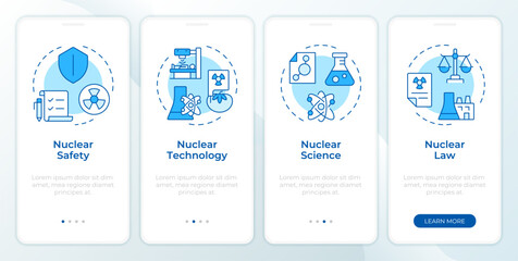 Wall Mural - Nuclear applications blue onboarding mobile app screen. Radiation. Walkthrough 4 steps editable graphic instructions with linear concepts. UI, UX, GUI template. Montserrat SemiBold, Regular fonts used