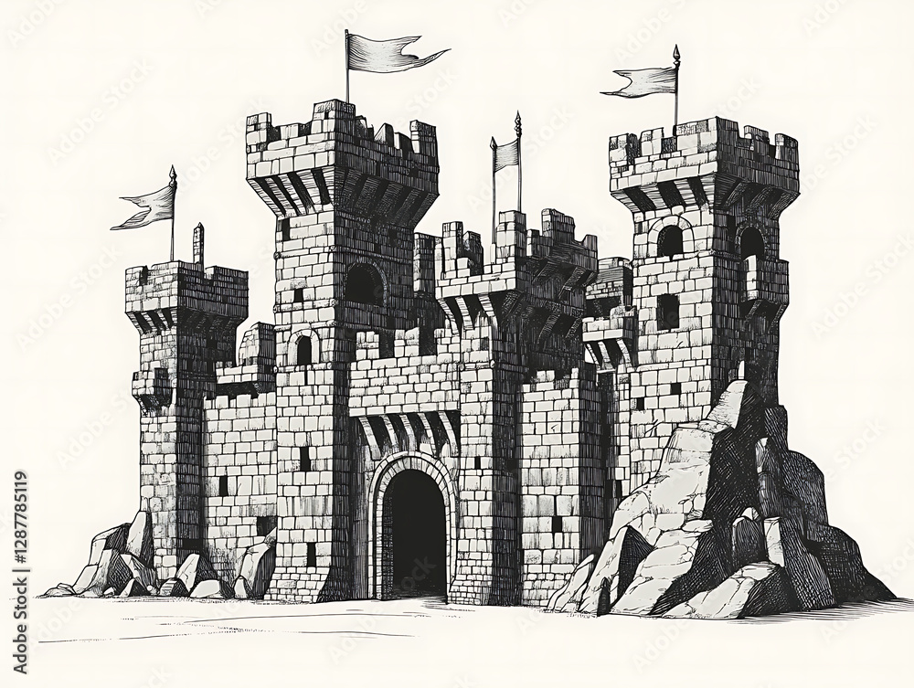 Woodcut Sketch of a Medieval Castle Fortress Featuring Stone ...