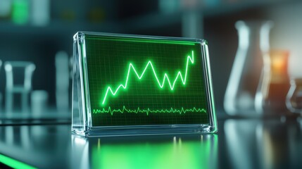 Poster - glowing green line graph displayed on glass screen in dark room