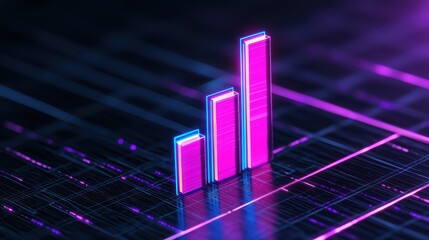 Poster - Neon Lit Digital Bar Chart Floating Above Dark Background