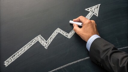 Poster - A hand drawing an upward trend line on a dark surface, symbolizing growth and progress in business or finance.
