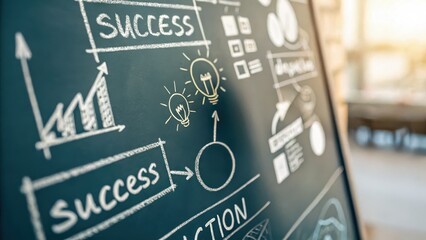 Poster - A chalkboard displays graphs and diagrams illustrating concepts of success and productivity in a professional environment.