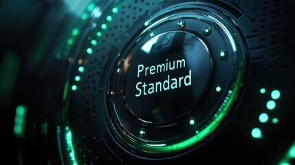 Poster - Premium standard label glowing in green light showcases modern technology and design