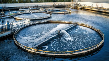 Wall Mural - Water Treatment Facility with Circular Tanks Processing Wastewater Under Clear Sky