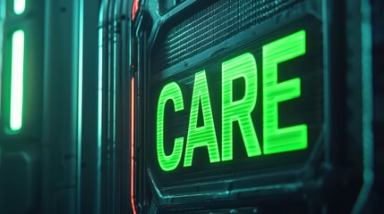 Poster - Neon Green CARE Sign in Futuristic Environment with Glowing Lights
