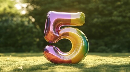 Aufkleber - Colorful metallic balloon shaped as number five on grassy field with sunlight. Party decoration and celebration concept