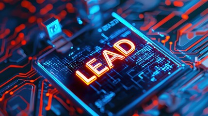 Poster - futuristic holograph displaying the word lead on circuit board