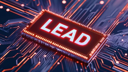 Poster - futuristic holographic display featuring the word lead in red
