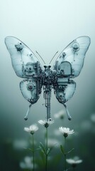 Poster - a cybernetic butterfly hovering over a field of virtual flowers, its wings displaying intricate patterns of shifting digital light, surreal fusion of nature and technology, hyper-detailed textures