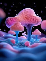 Poster - a futuristic orchard where trees bear glowing digital fruits, their colors shifting in response to environmental conditions, blending bioengineering with traditional farming, ultra-detailed realism