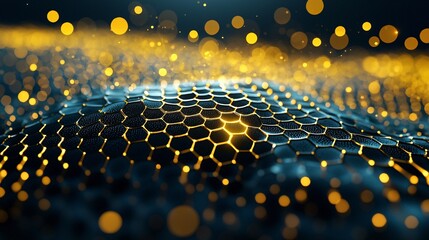 Poster - a futuristic beehive where digital honeycombs store energy instead of nectar, glowing with soft golden light, blending sustainable technology with natural design, high-resolution details