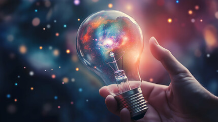 Poster - A hand holds a light bulb that contains a cosmic scene, symbolizing creativity and the universe's mysteries.