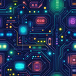 © hamzahalderad - Glowing circuit board pattern. Integrated technology. Neon components on dark background. Futuristic