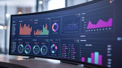 Wall Mural - Data analytics dashboard displaying colorful graphs and charts on curved screens in a modern office environment.