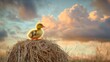 © cac_tus - Duckling on top of a haystack under vibrant sunset sky with fluffy clouds, peaceful countryside scene. Nature and serenity concept