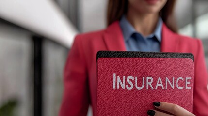 Poster - professional woman holding an insurance booklet in a modern office setting.
