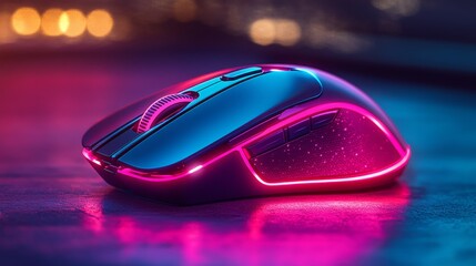 Poster - sleek wireless gaming mouse with rgb lights on dark reflective surface, vibrant and futuristic desig