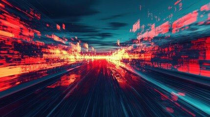 Poster - Dynamic light trails urban highway digital art night scene abstract perspective