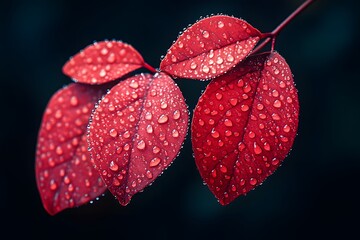 Wall Mural - Vibrant Red Leaves with Water Droplets - Nature's Elegance for Seasonal Design