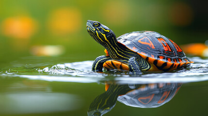 Poster - Painted turtle swimming in calm pond with vibrant reflections and soft bokeh background. Nature and wildlife photography concept