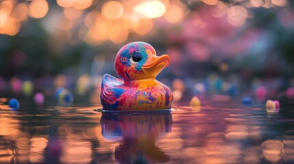 Poster - Colorful rubber duck floating on water with bokeh background, playful and whimsical scene. Children's toy and outdoor leisure concept