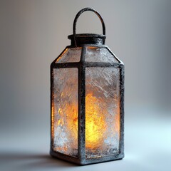 Close-up of a decorative lantern with frosted glass and a warm light glowing inside, creating a cozy and inviting atmosphere on a simple background.