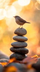 Poster - Small bird perched on stacked stones with warm bokeh background at sunrise. Tranquility and nature balance concept