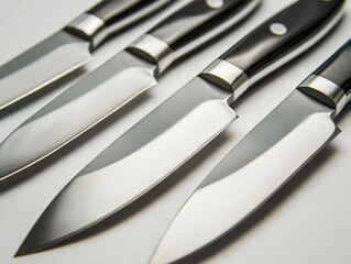 A close-up shot of a set of four sharp kitchen knives, arranged diagonally with sleek black handles and shiny silver blades, on a pristine white surface, showcasing culinary tools.