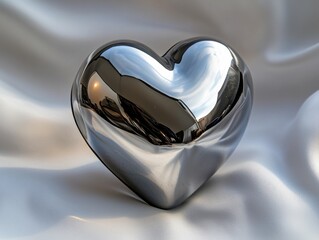 Poster - A glossy chrome heart sits prominently on a draped white silk fabric, reflecting the surrounding light, casting soft shadows that emphasize the heart's form.
