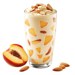 Poster - Creamy peach smoothie with almond slices, garnished with fresh peach. refreshing and nutritious drink perfect for summer. Enjoy delightful blend of flavors