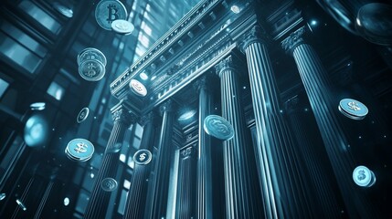 Aufkleber - Digital currency concept with a classical building architecture and floating coins