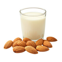 Poster - Fresh almond milk in glass with whole almonds scattered around. This nutritious beverage is popular dairy alternative, rich in flavor and health benefits