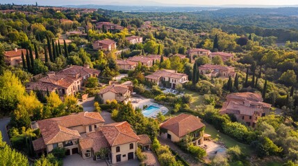 Wall Mural - Aerial view of picturesque countryside villas surrounded by lush greenery and distant hills