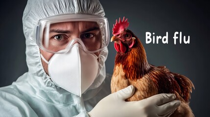 Wall Mural - Man in a white lab coat is holding a chicken and the words Bird Flu are written below