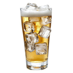 Poster - Refreshing glass of beer with ice cubes, perfect for hot day. Enjoy crisp taste and bubbly texture