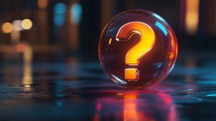 Poster - Glowing question mark inside a transparent sphere on wet surface, futuristic and mysterious atmosphere. Curiosity and exploration concept