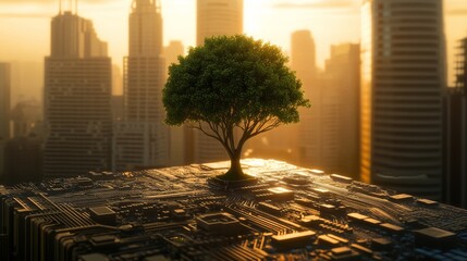 Poster - Lone tree growing on a microchip cityscape at sunrise, symbolizing nature's coexistence with technology. Environmental harmony and innovation concept