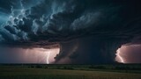dramatic and powerful tornado. Lightning thunderstorm flash over the night sky. Concept on topic weather, cataclysms (hurricane, Typhoon, tornado, storm). Stormy Landscape. 