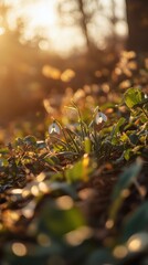 Poster - Snowdrops in a sunlit forest meadow with lush green leaves and warm golden light, early spring awakening concept