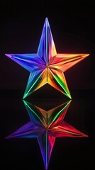 Poster - Colorful geometric star with vibrant rainbow hues and reflection on black background. Abstract light art concept