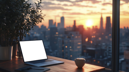 Poster - laptop with blank screen sits on wooden desk, overlooking city skyline at sunset, creating serene remote work environment