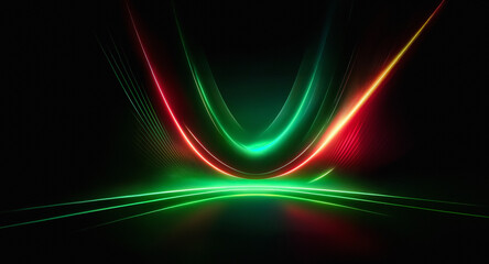 Wall Mural - abstract image featuring vibrant light trails in red, green, and orange hues against a stark black b